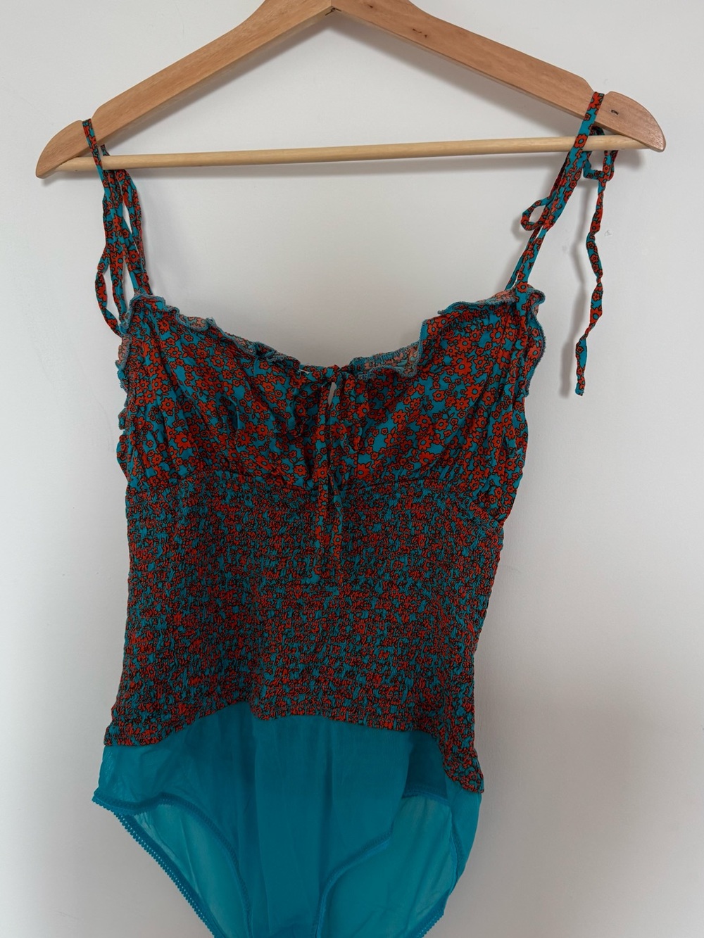 Smocked Teal Floral Tie-Shoulder Bodysuit